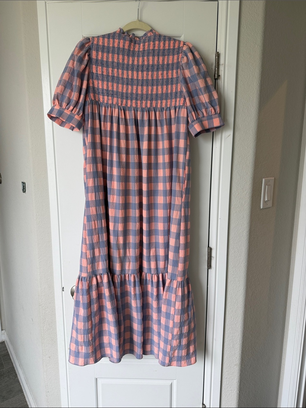 English Factory Coral and Gray Check Smocked Midi Dress - Picture 4 of 4